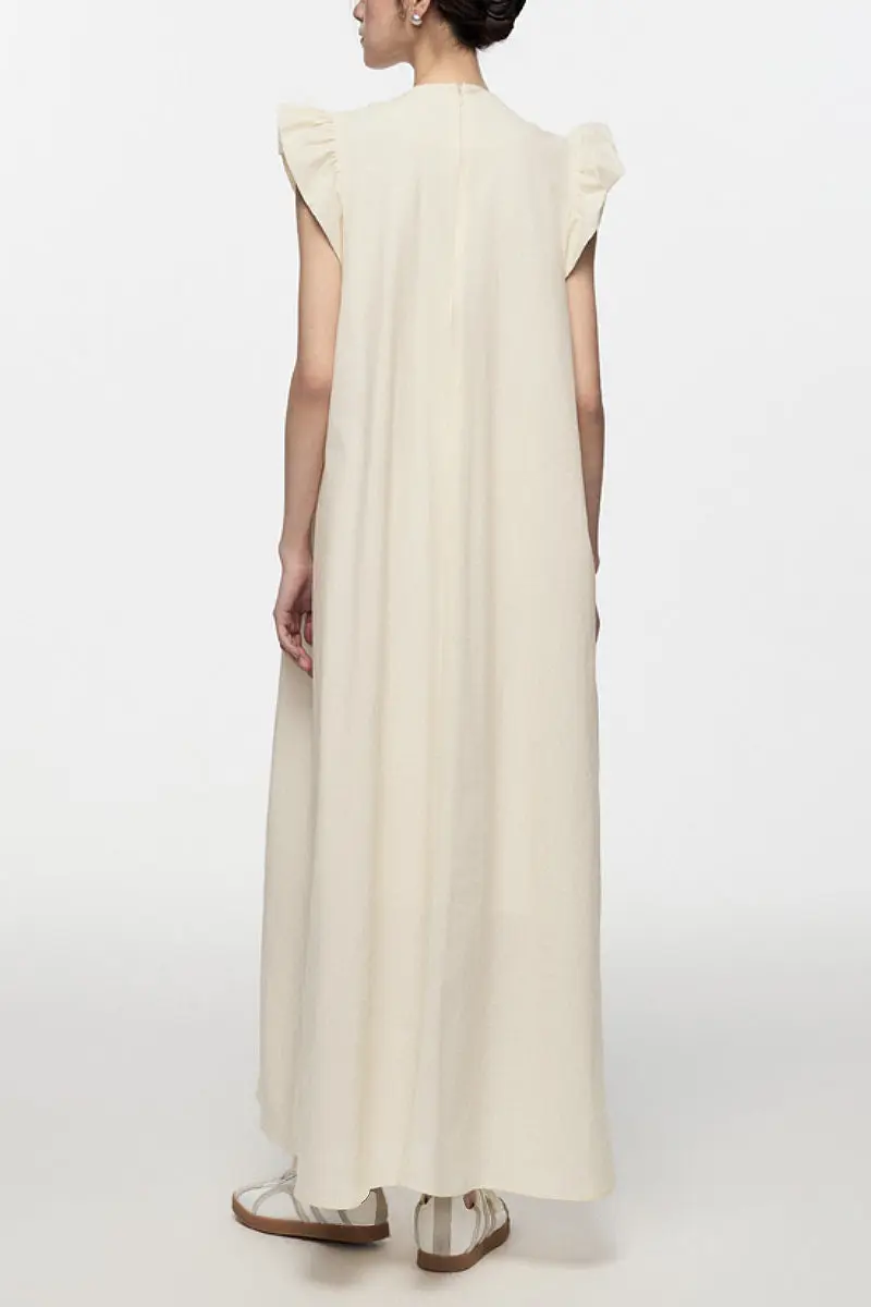 White Ruffle Cap-Sleeve Trapeze Maxi Dress - HBQMJX