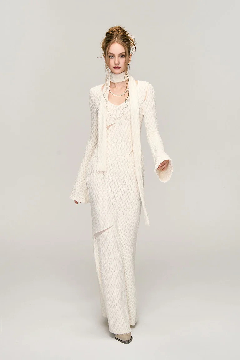 White Crochet Cut Out Long Sleeve Maxi Dress - HBQMJX
