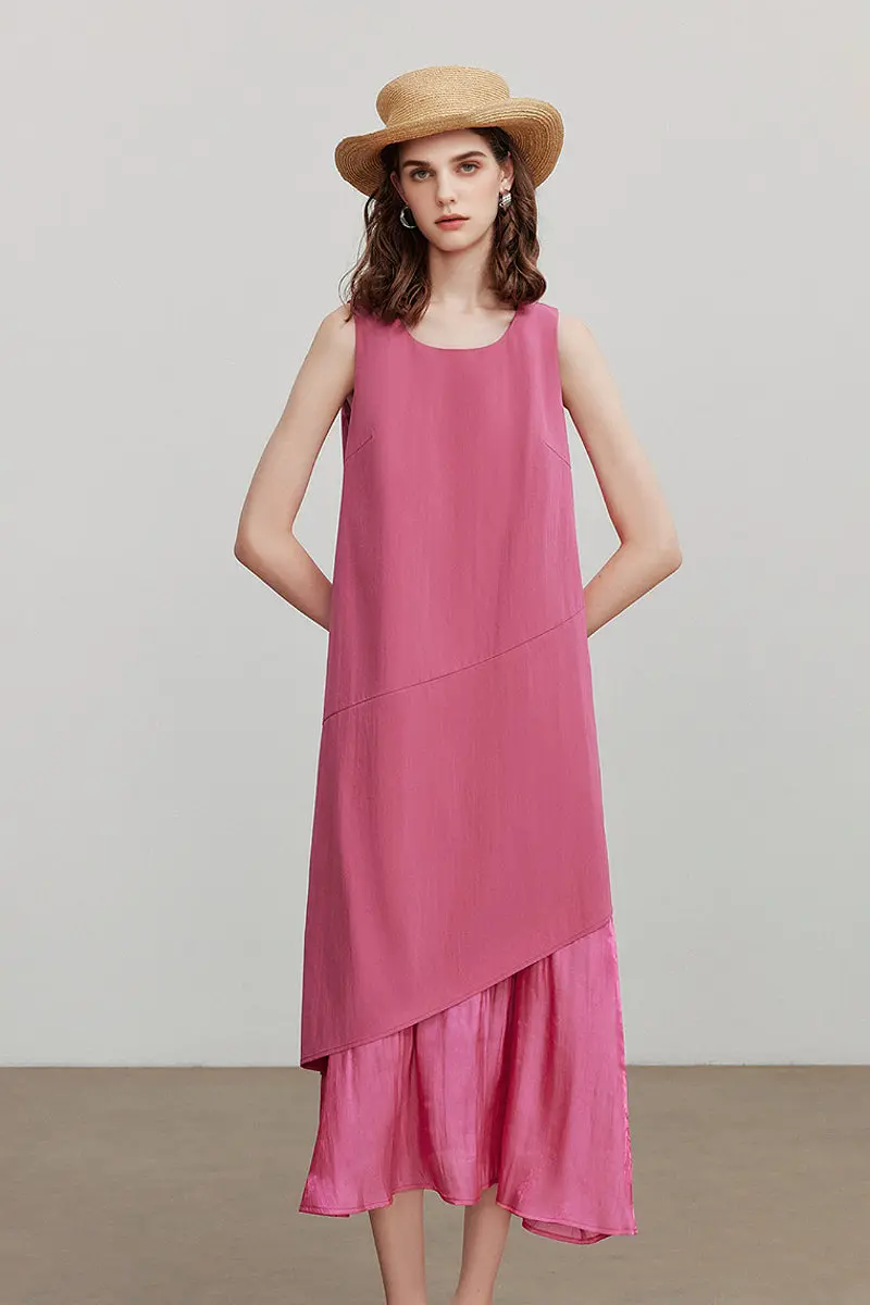 Pink Flowy Asymmetrical Sleeveless Trapeze Midi Dress - HBQMJX