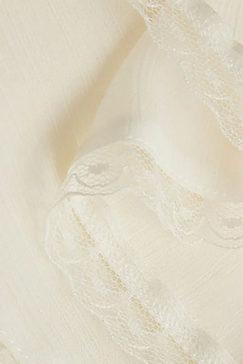 White Chiffon Spaghetti-Strap Ruffled Midi Dress with Lace Trim - HBQMJX