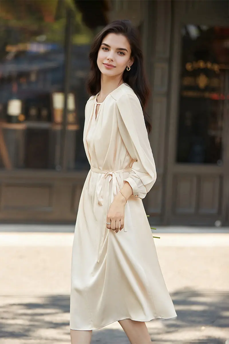 Triacetate Belted 3/4 Sleeve Keyhole Midi Dress - HBQMJX