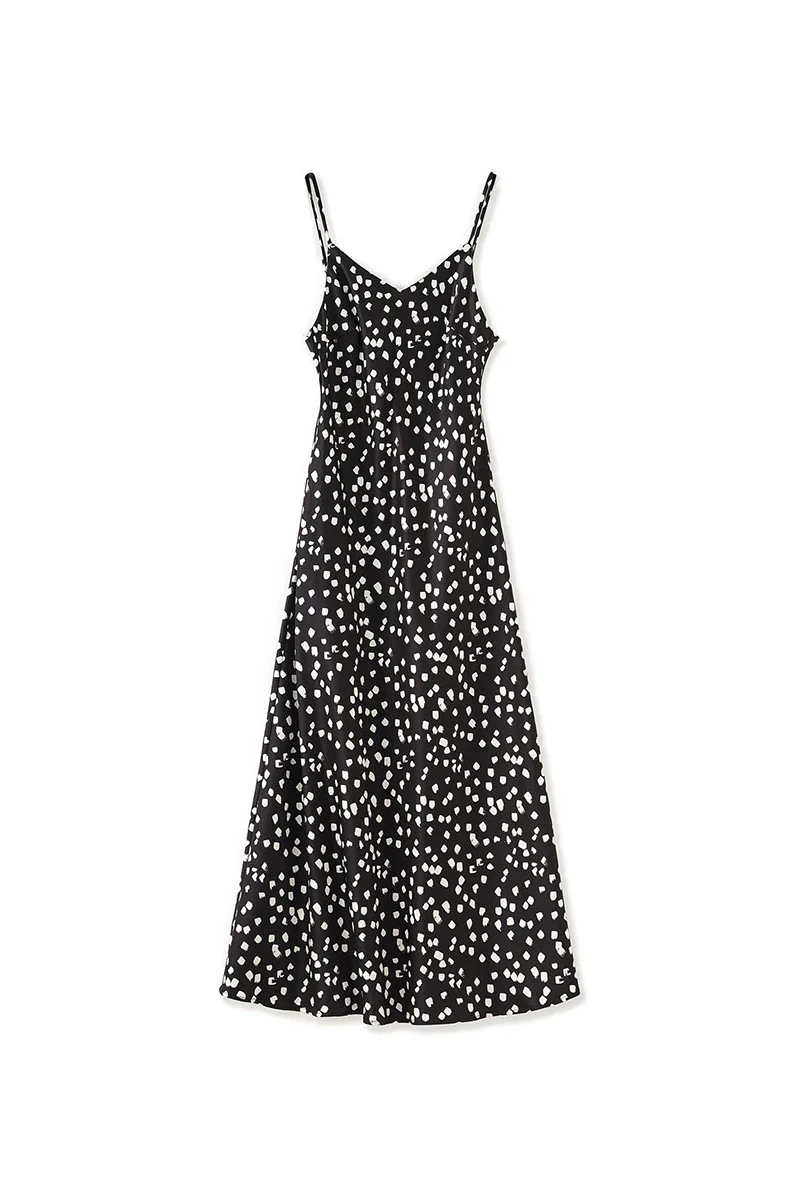 Satin Printed V-Neck Midi Slip Dress - HBQMJX