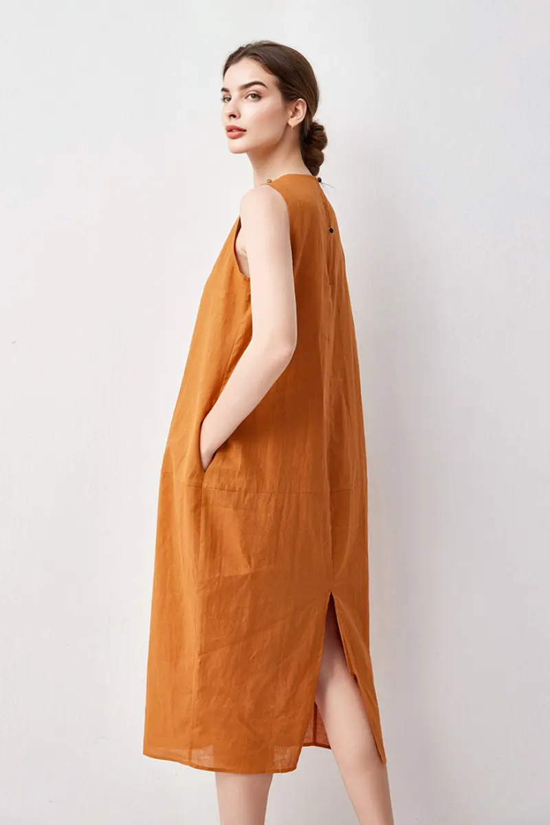 100 Linen Sleeveless Midi Dress With Back Slit - HBQMJX
