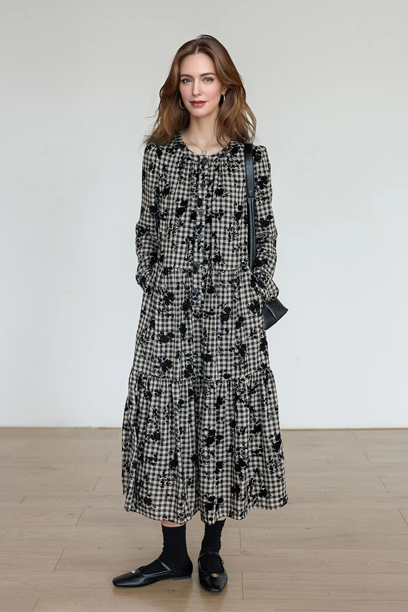 Tiered Long-Sleeve Button-Down A-Line Gingham Midi Dress - HBQMJX