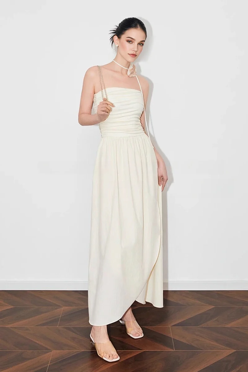 Strapless Ruched Maxi Dress With Asymmetrical Hem - HBQMJX
