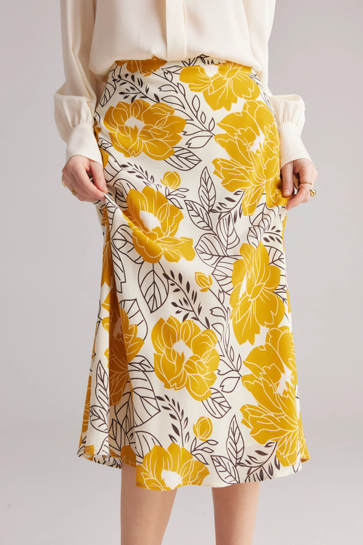 High Waisted A-Line Silk Floral Midi Skirt - HBQMJX