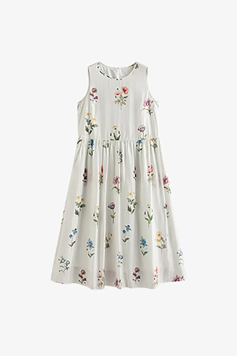White Floral Linen Sleeveless Fit & Flare Midi Dress - HBQMJX