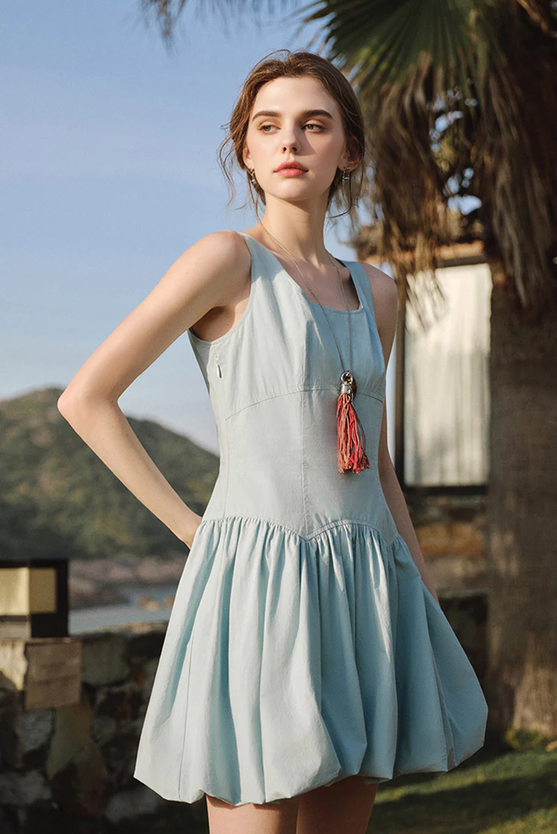 Baby Blue 100 Cotton Sleeveless Scoop-Neck Bubble Mini Dress - HBQMJX