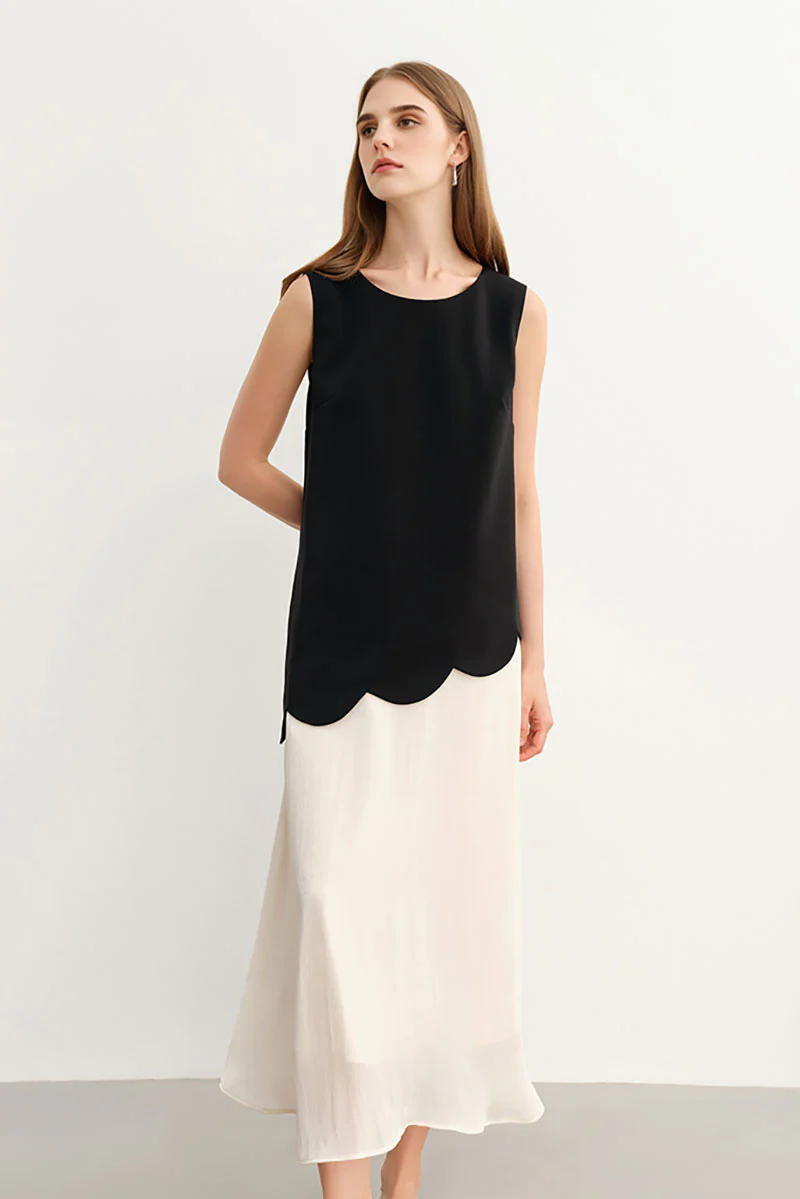 Black & White Sleeveless Mixed Media Midi Dress - HBQMJX