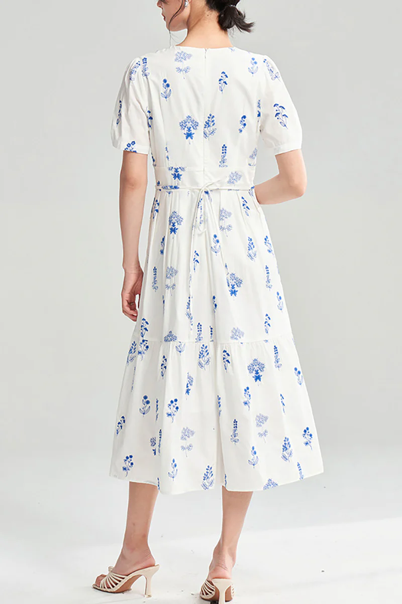 100 Cotton Floral Empire Waist A-Line Midi Sundress - HBQMJX