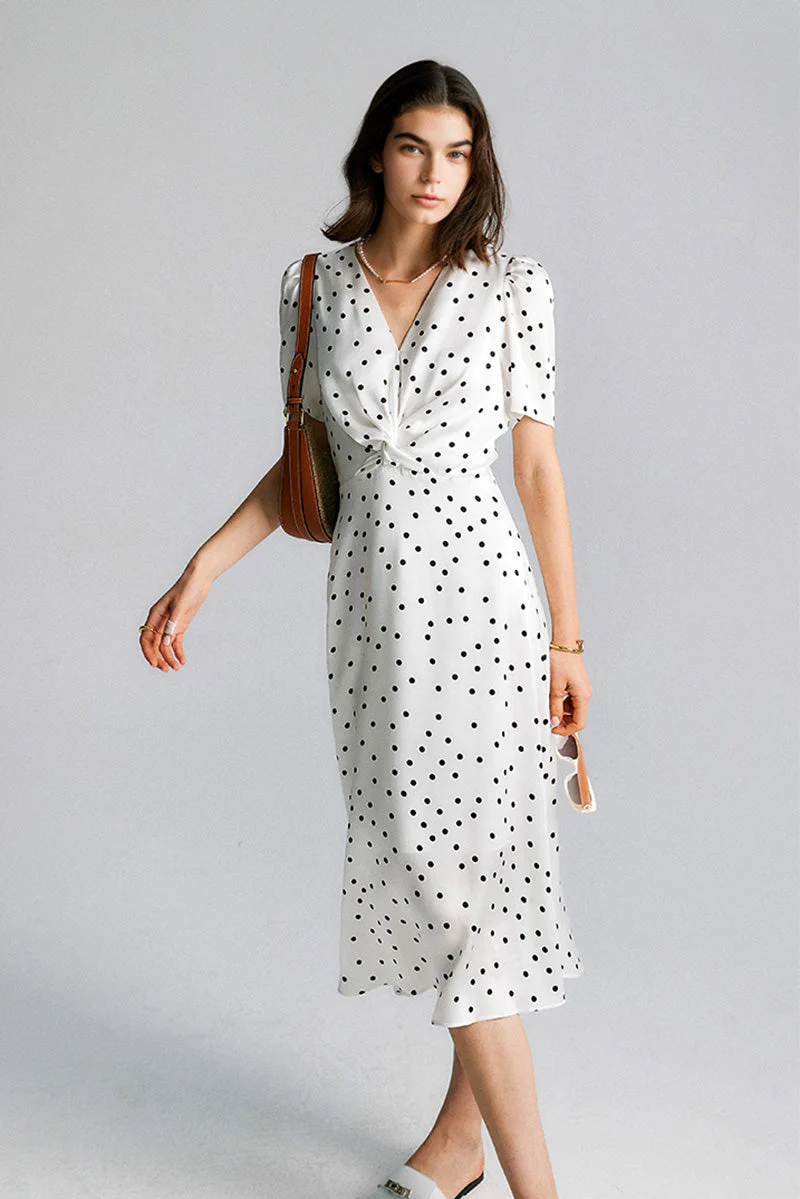 White 100 Silk Crepe-Back Polka Dot Midi Dress - HBQMJX