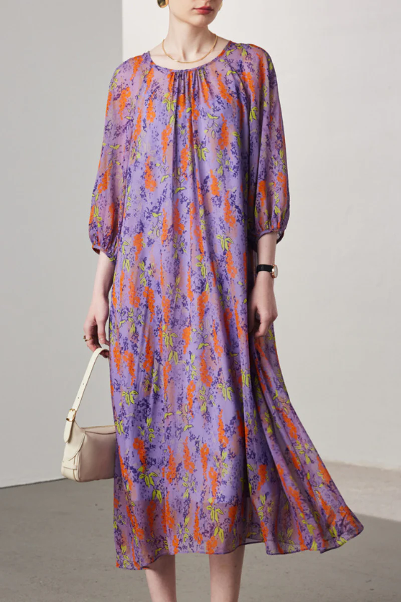 100 Mulberry Silk Floral Balloon-Sleeve Tie-Waist Midi Dress with Camisole Slip - HBQMJX