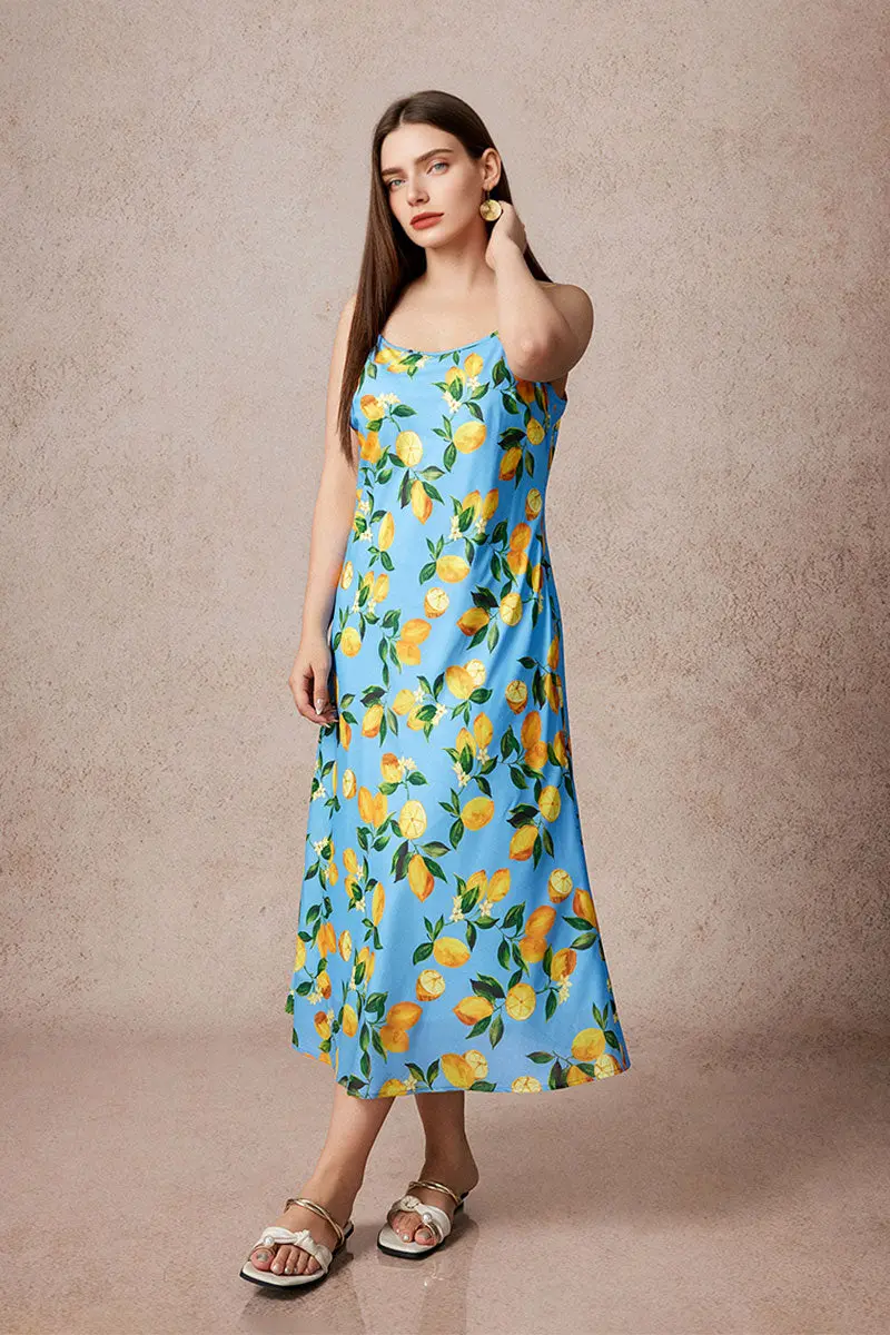 Blue Lemon Print Midi Slip Dress - HBQMJX