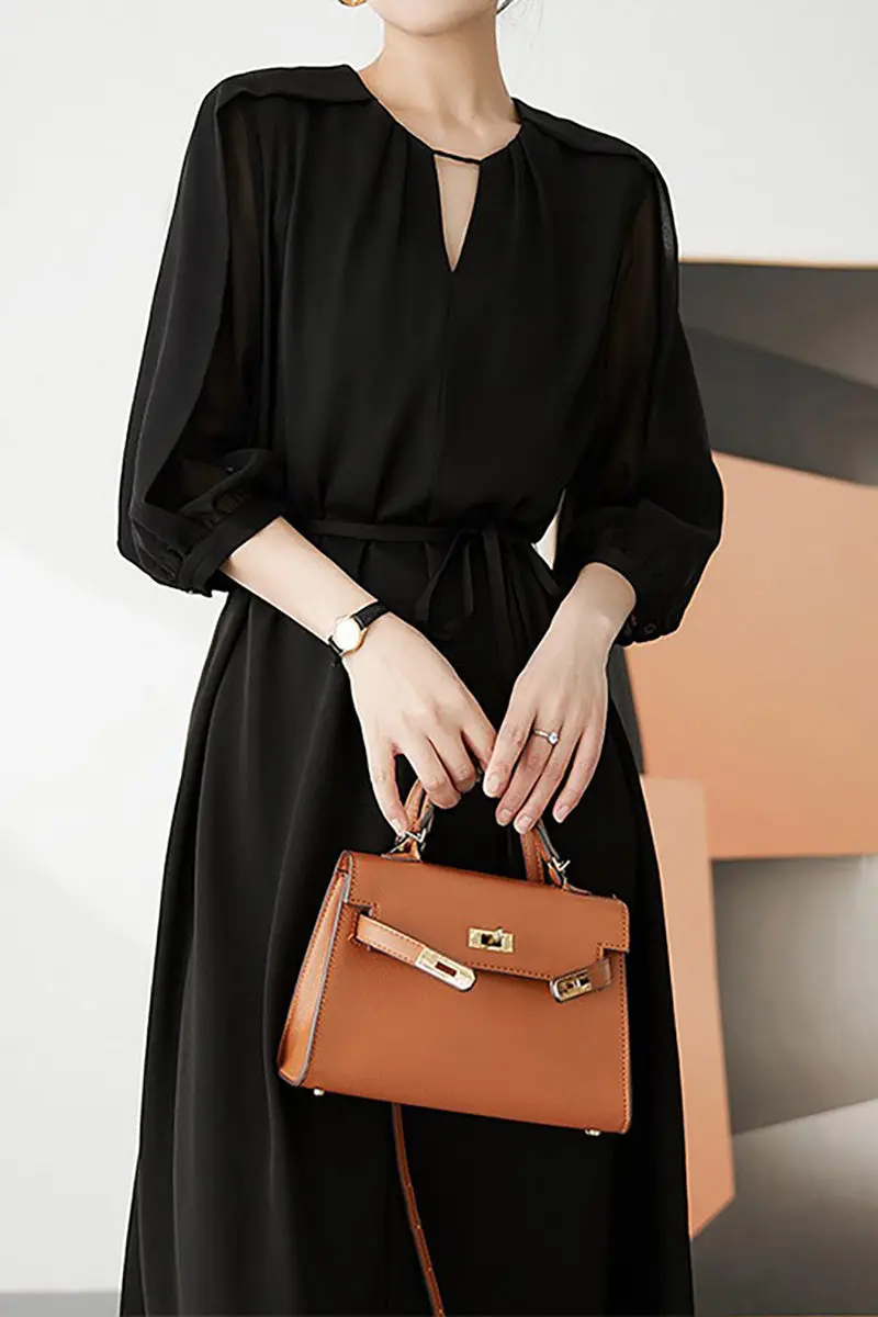 Triacetate Belted 3/4 Sleeve Keyhole Midi Dress - HBQMJX