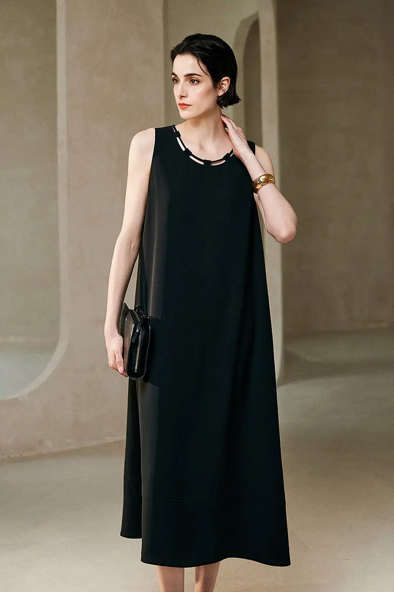 Black Row-Style Sleeveless Midi Dress - HBQMJX