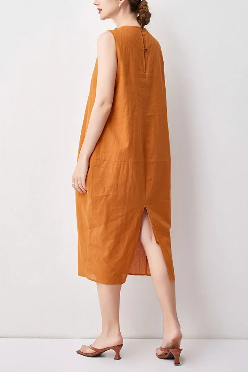 100 Linen Sleeveless Midi Dress With Back Slit - HBQMJX