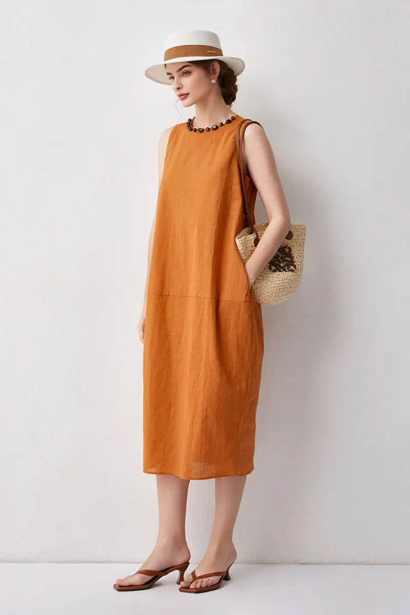 100 Linen Sleeveless Midi Dress With Back Slit - HBQMJX