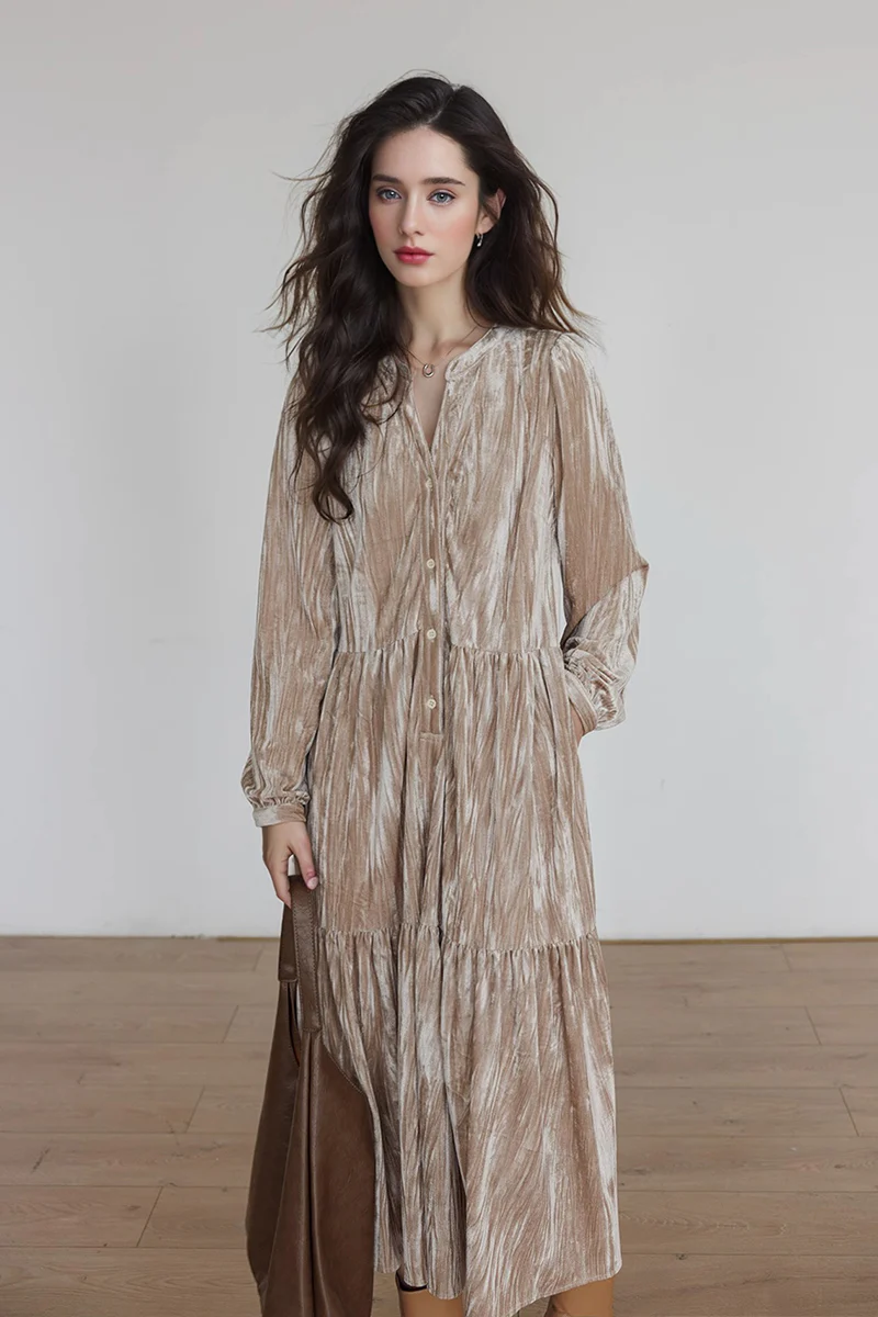 Tiered Long-Sleeve Button-Down A-Line Velvet Midi Dress - HBQMJX