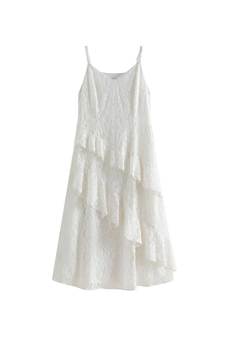 White Lace Tiered Sleeveless V-Neck Midi Dress - HBQMJX