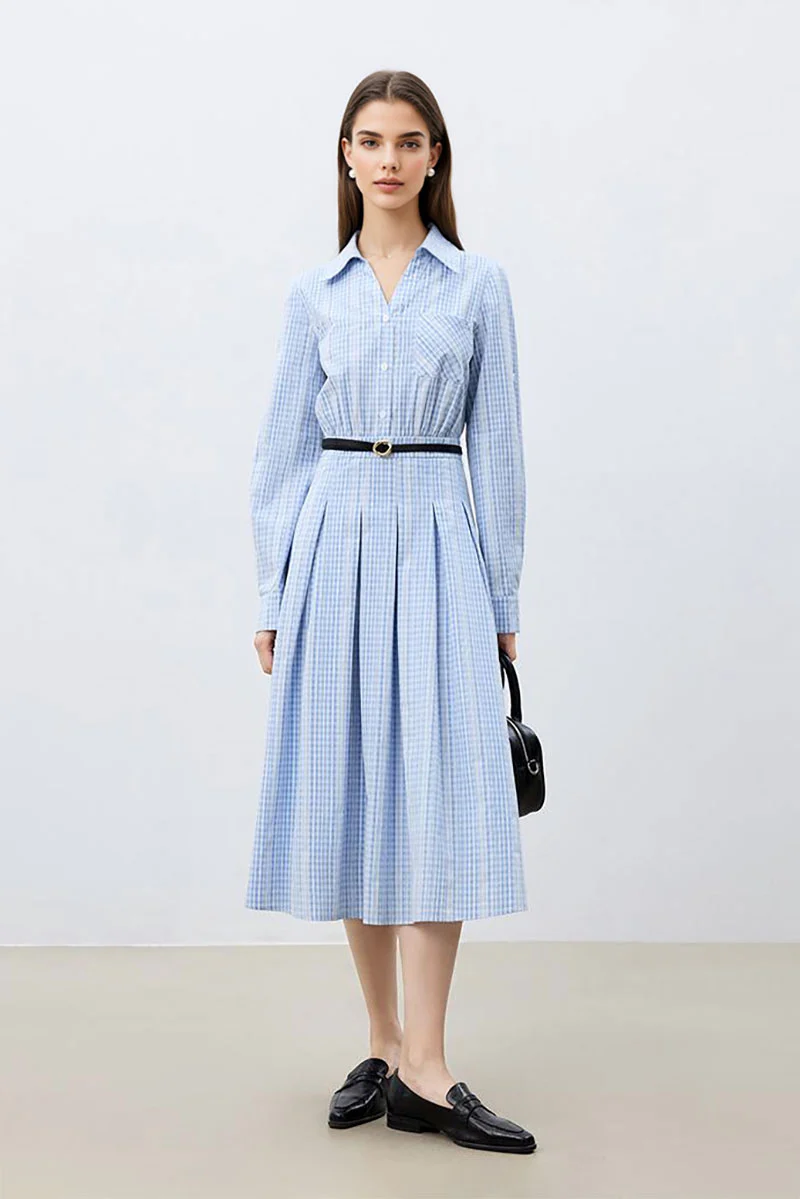 Blue Long Sleeve Gingham Midi Shirt Dress - JIEEQQ