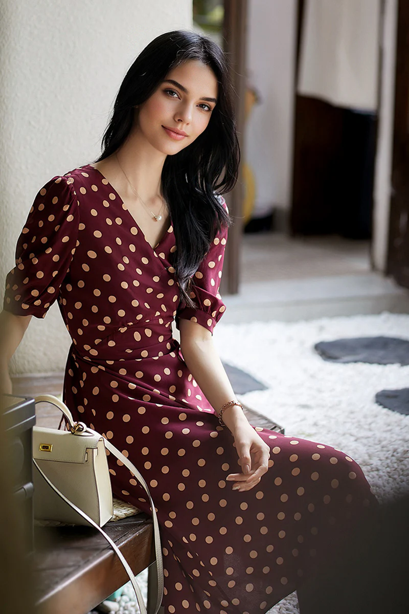 100 Mulberry Silk Red Polka-Dot Midi Tea Dress - HBQMJX