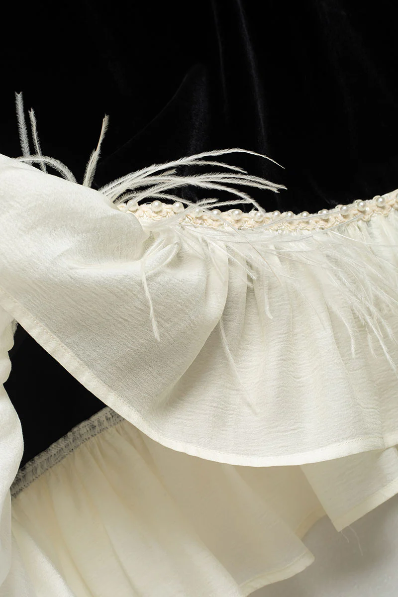 Ostrich-Feather Velvet Elbow-Sleeve Midi Dress with Pearl Trim - HBQMJX