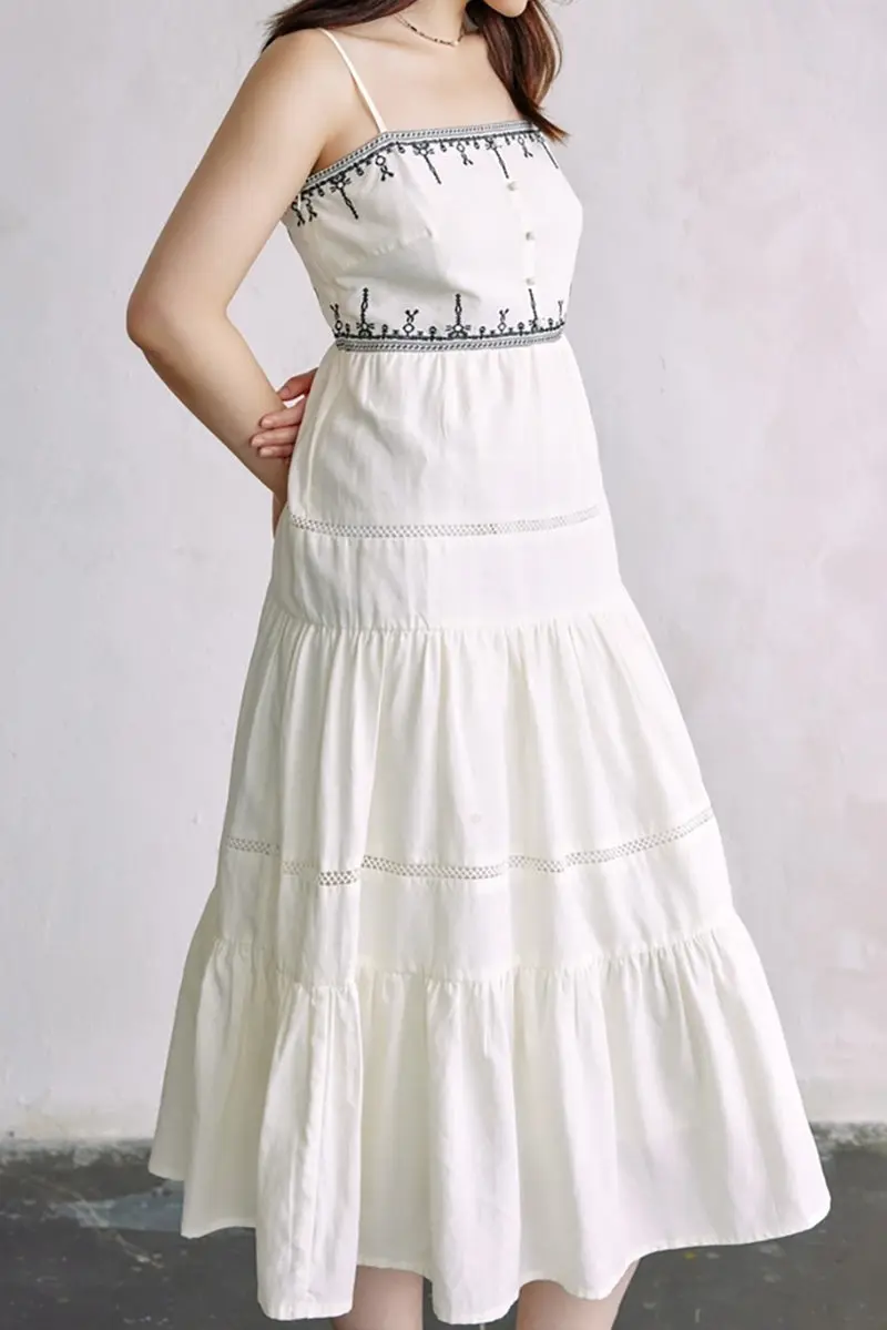 White Tiered Embroidered Spaghetti-Strap Midi Dress - HBQMJX
