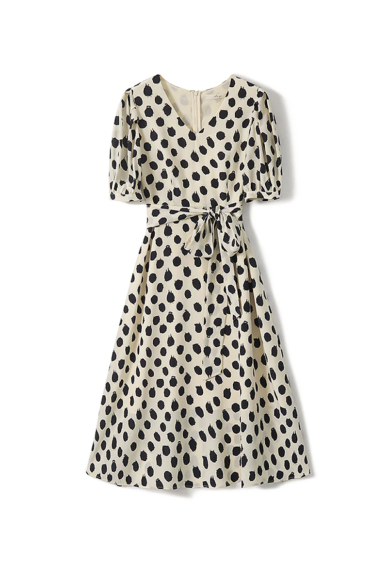 100% Silk Polka Dot Crepe A-Line Midi Dress - HBQMJX
