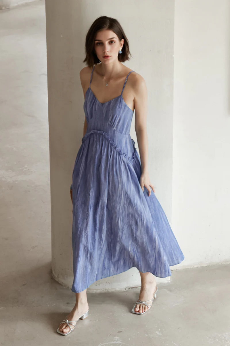 Blue Tie-Dye Spaghetti-Strap Midi Dress - HBQMJX