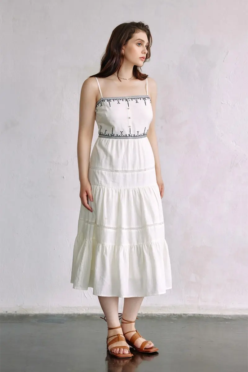 White Tiered Embroidered Spaghetti-Strap Midi Dress - HBQMJX