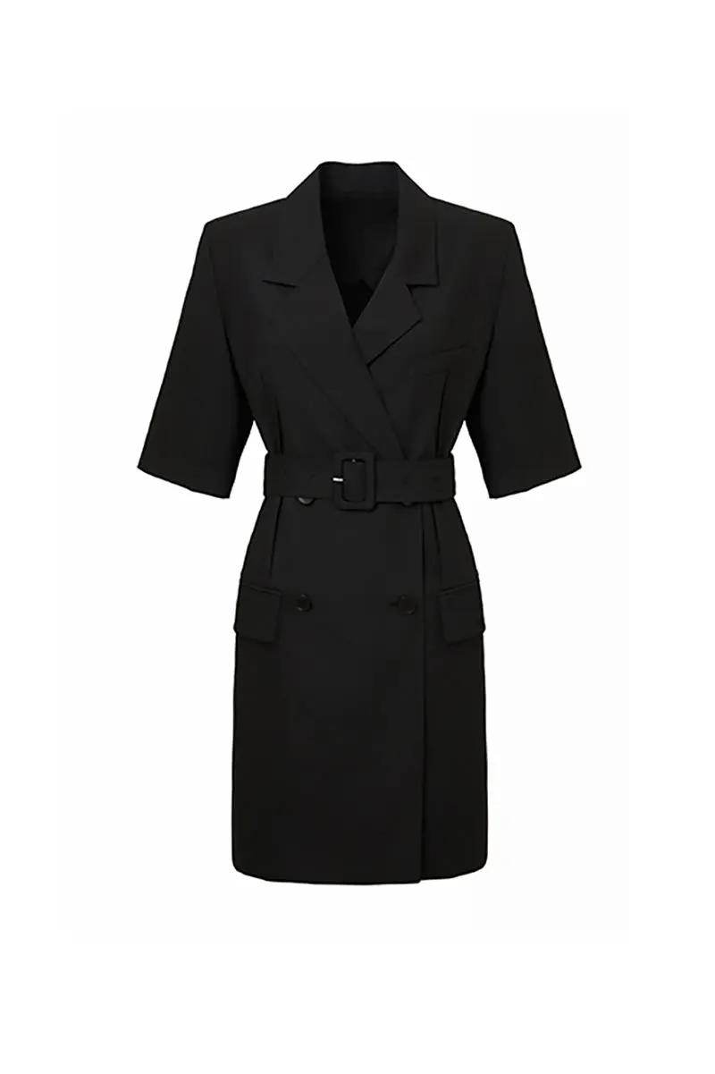 Black Double-Breasted Belted Blazer Mini Dress with Elbow Sleeve - HBQMJX