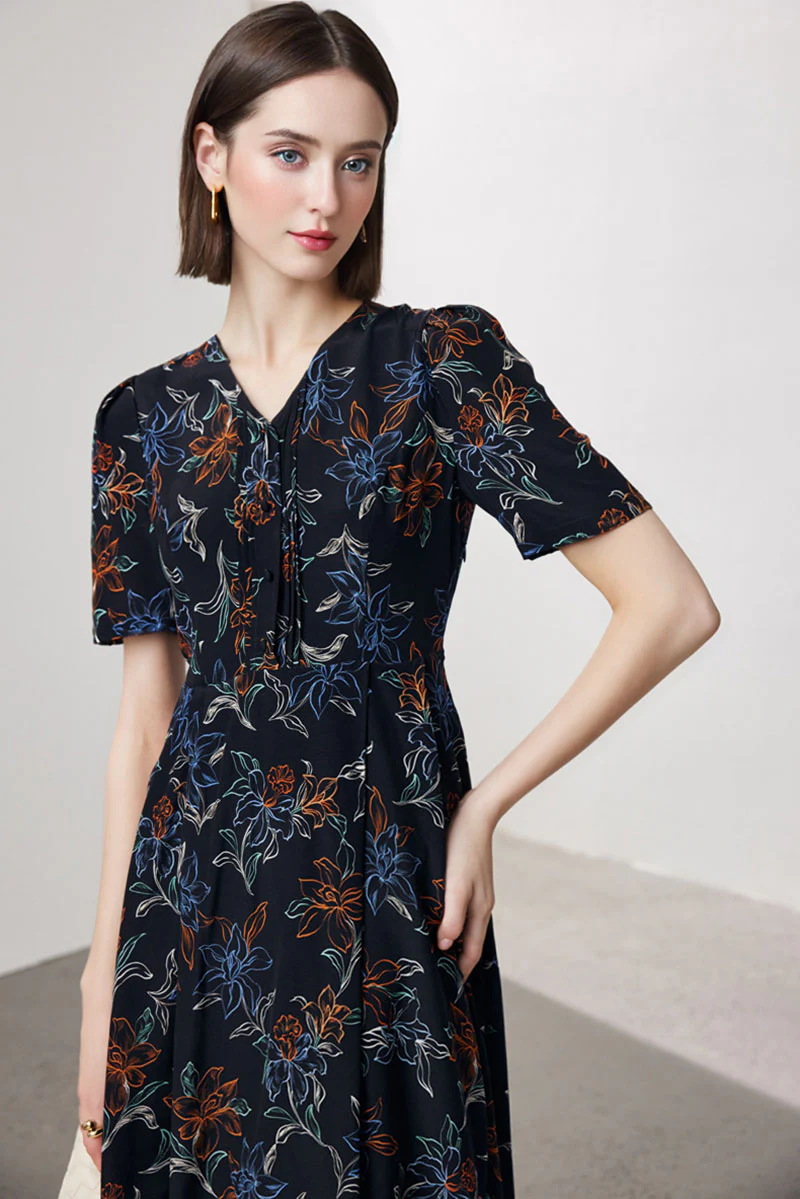 100 Mulberry Silk Floral A-Line Short-Sleeve V-Neck Midi Dress - HBQMJX
