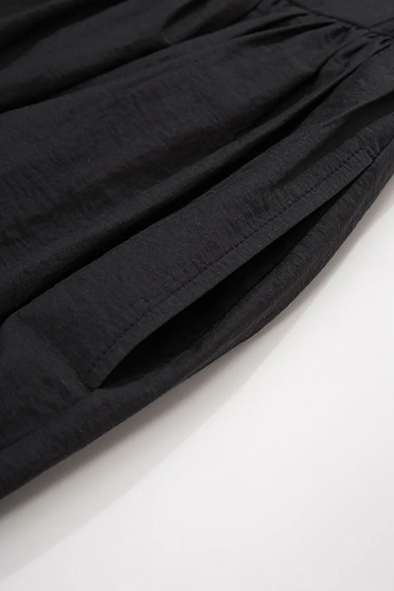 Black Long-Staple Cotton Midi Dress with Front Pleat - HBQMJX