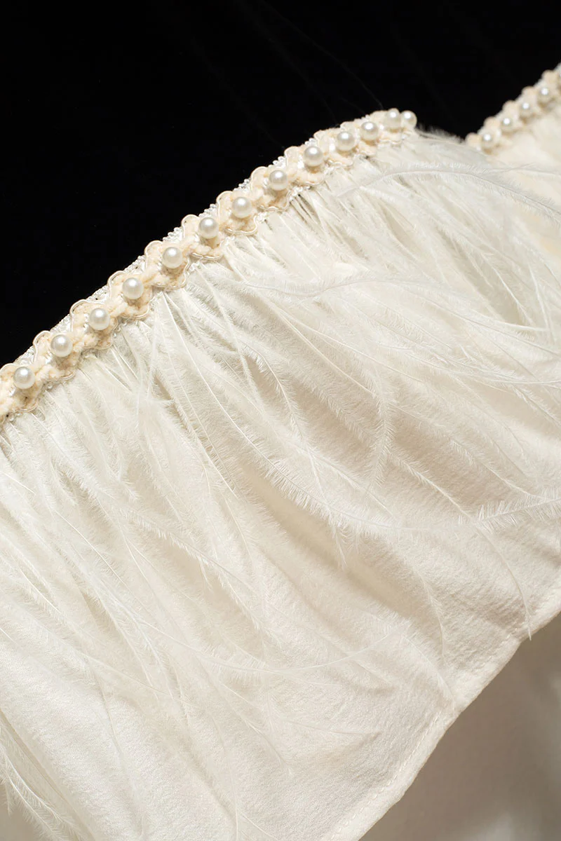 Ostrich-Feather Velvet Elbow-Sleeve Midi Dress with Pearl Trim - HBQMJX