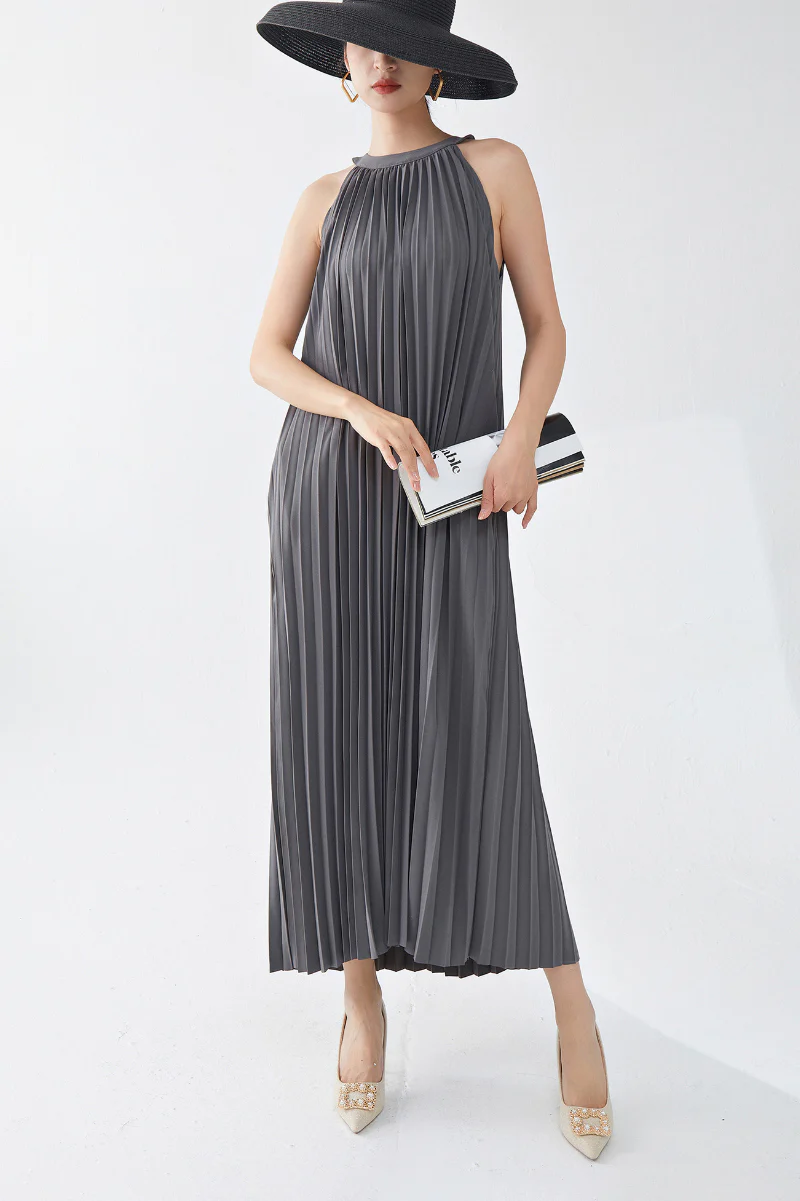 Designer Inspired Pleated Flowy Halter-Neck Midi Dress in Grey - HBQMJX