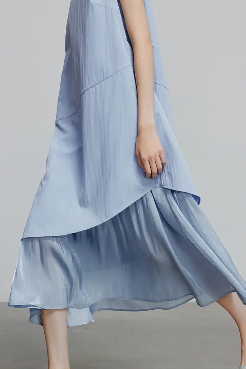 Blue Flowy Asymmetrical Sleeveless Trapeze Midi Dress - HBQMJX