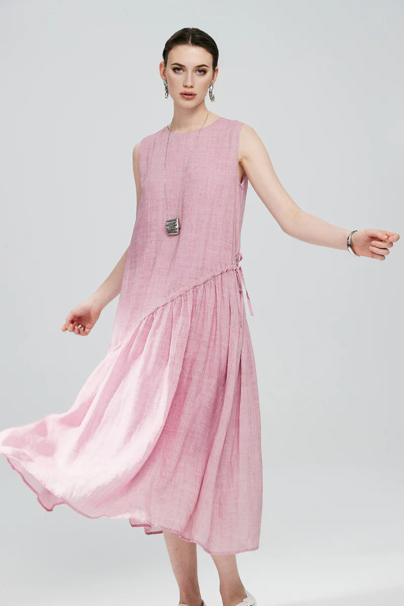 Pink Cotton-Linen Tiered Swing Beach Tank Midi Dress - HBQMJX