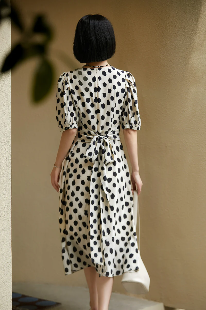 100% Silk Polka Dot Crepe A-Line Midi Dress - HBQMJX