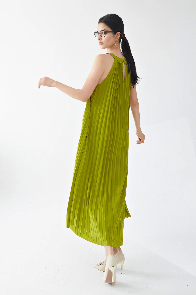 Designer Inspired Pleated Flowy Halter-Neck Midi Dress in Lime Green - HBQMJX