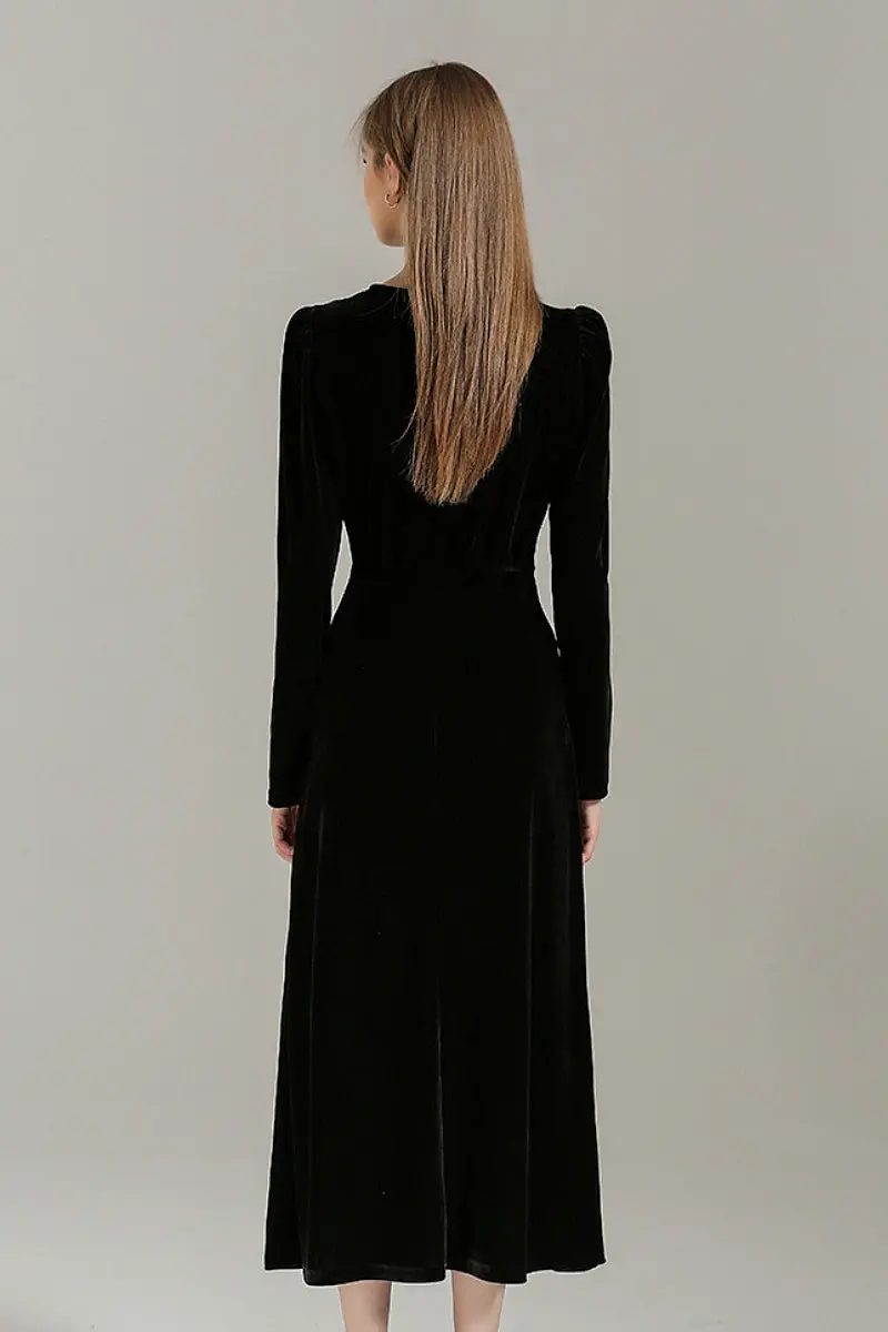 Black V Neck Long Sleeve Velvet Midi Dress with Ruched Waist - HBQMJX