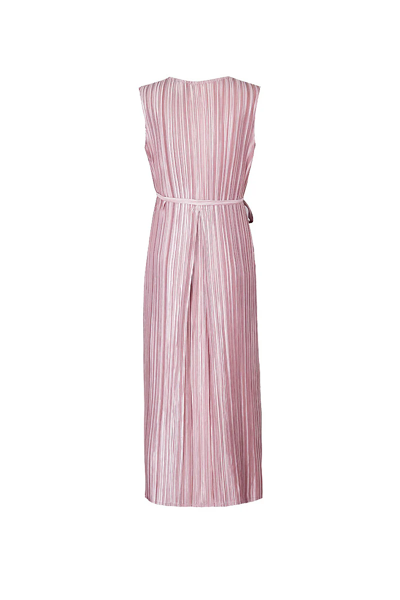 Designer Inspired Pleated Sleeveless Wrap Midi Dress in Pink - HBQMJX