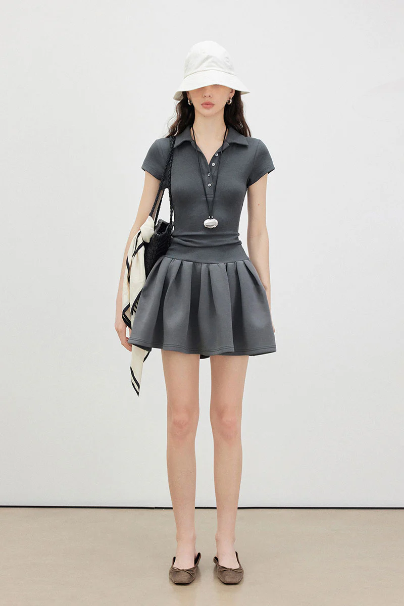 Grey Polo-Neck Short-Sleeve Mini Dress - HBQMJX