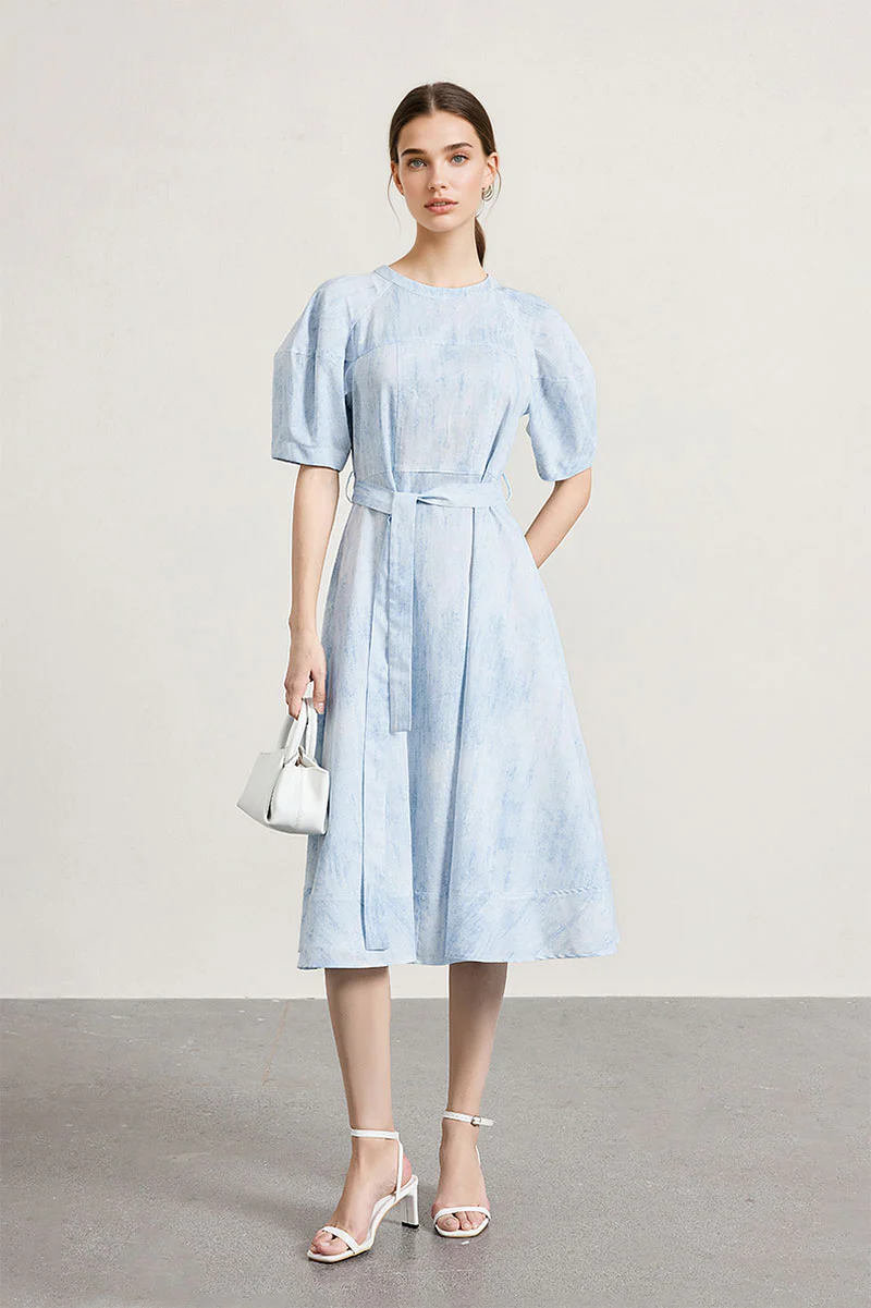 Blue Puff-Sleeve Flare Midi Dress with Belt - HBQMJX