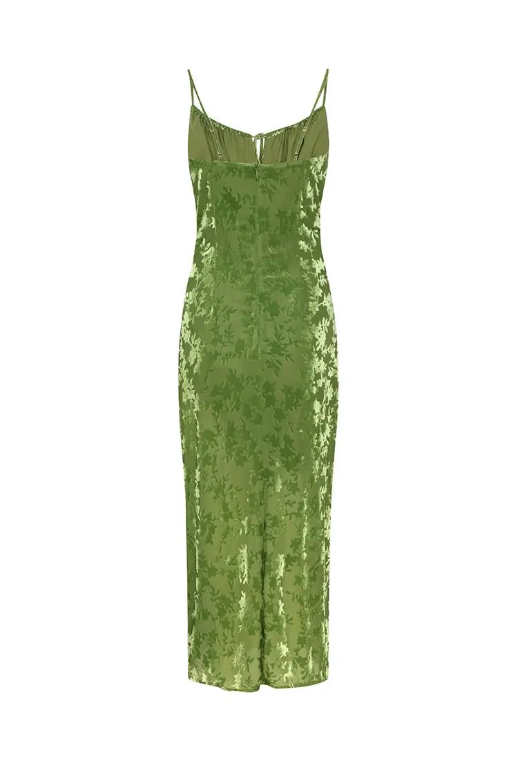 Green Velvet Floral Ruched Slip Midi Dress - HBQMJX