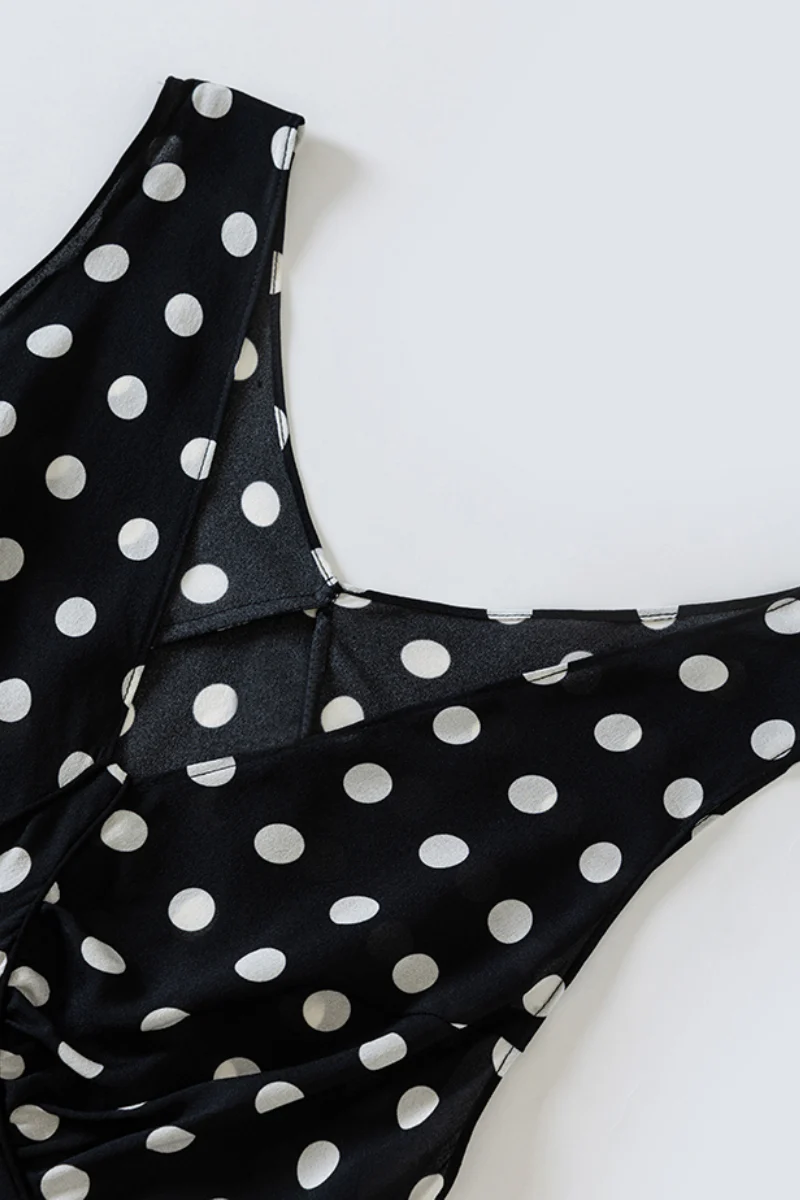 100% Silk Polka Dot V-Neck Crepe Maxi Dress - HBQMJX