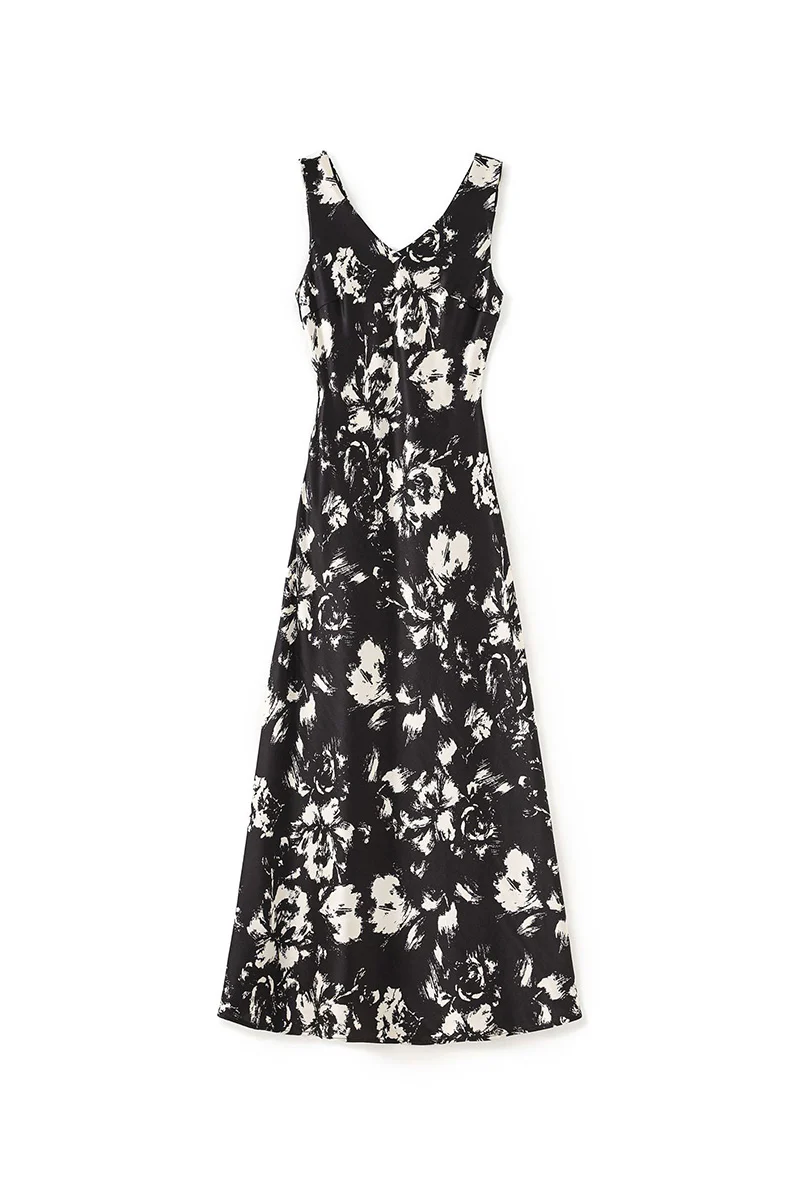 Floral Sleeveless V-Neck Satin Midi Dress - HBQMJX
