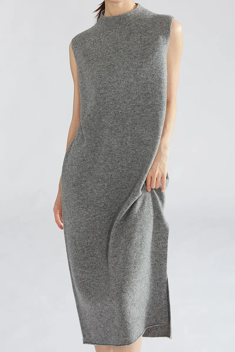 100 Wool Seamless Knit Sleeveless Midi Sweater Dress with Side Slit - HBQMJX