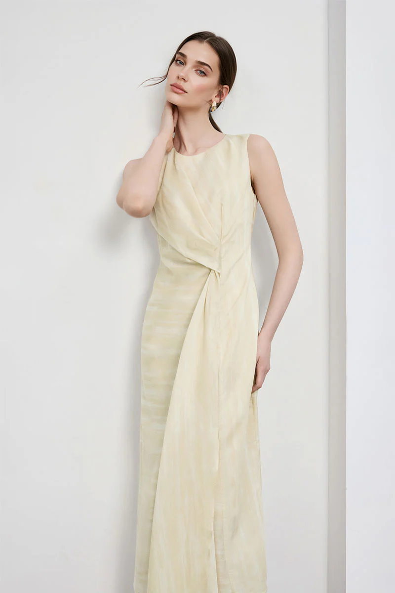 Draped Sleeveless Midi Dress in Yellow Ombre - HBQMJX