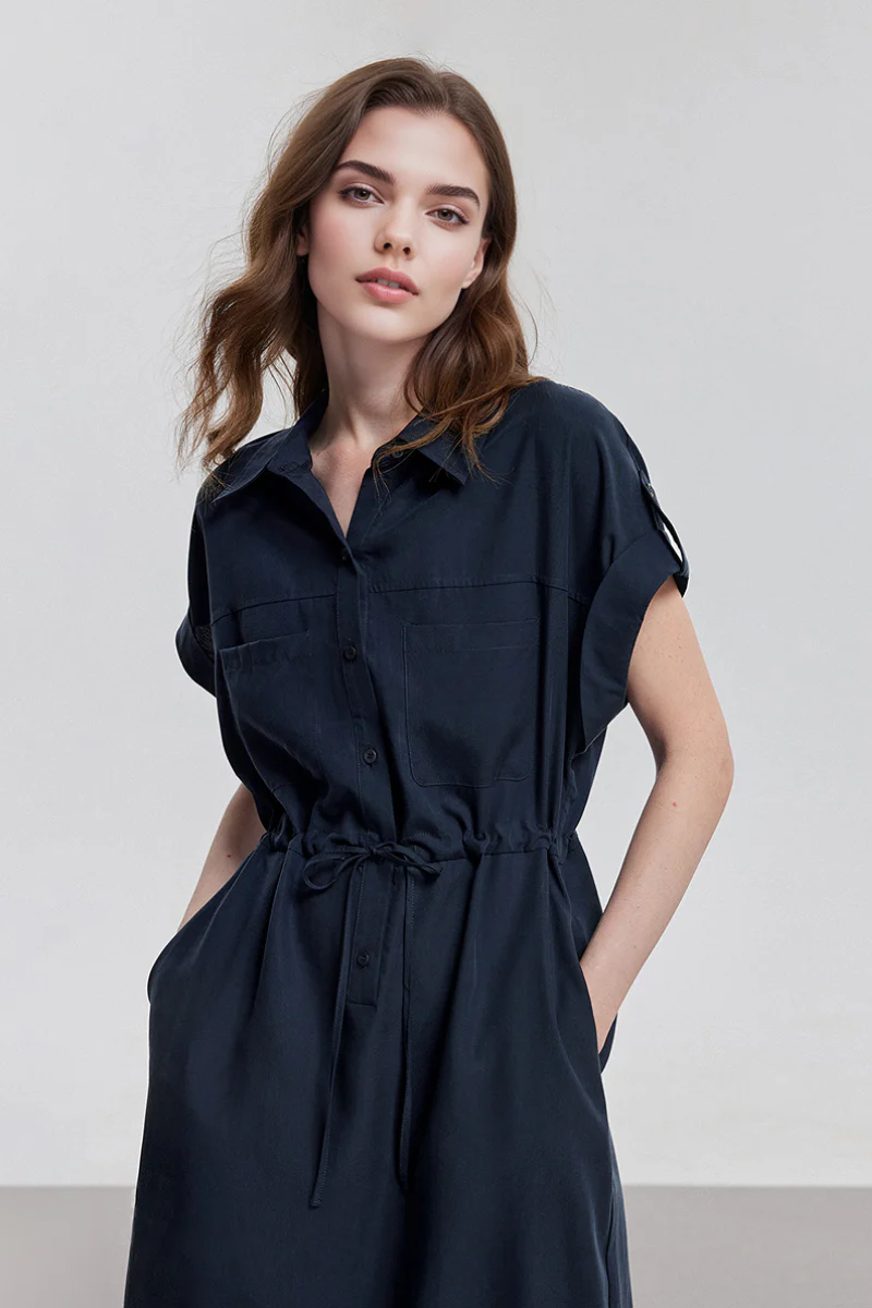 Blue Cap-Sleeve Shirt Midi Dress WIth Belt - HBQMJX