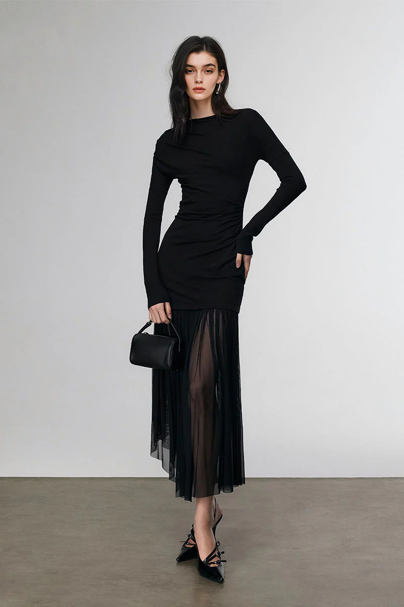 Asymmetric Draped Mesh Maxi Dress with Sleeves - HBQMJX